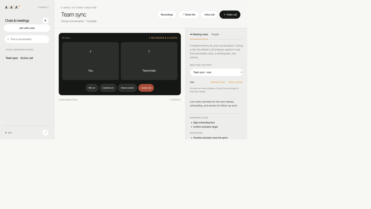 Zanqira Meet in-call view with participant video and Live AI notes sidebar
